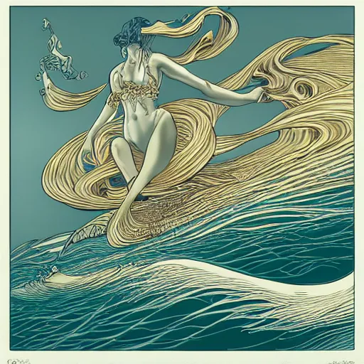 Prompt: gold and silver tones, alluring siren in the sea attracting a boat of sailors, style of moebius, james jean, rutkowski, mcbess, cinematic, high detail, award winning, 8 k photorealistic