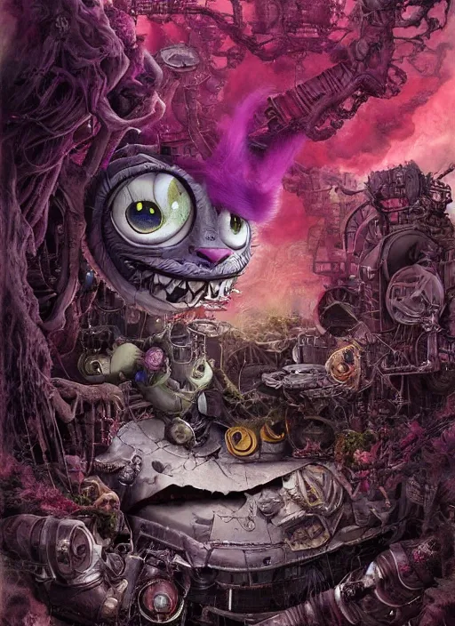 Image similar to cheshire cat, dieselpunk style, highly detailed, cinematic, 8 k, by megan duncanson, benjamin lacombe, adrian borda, stanley artgermm, tom bagshaw, craig mullins, carne griffiths, ayami kojima, beksinski, giger, trending on deviantart, hyper detailed, horror, full of colour