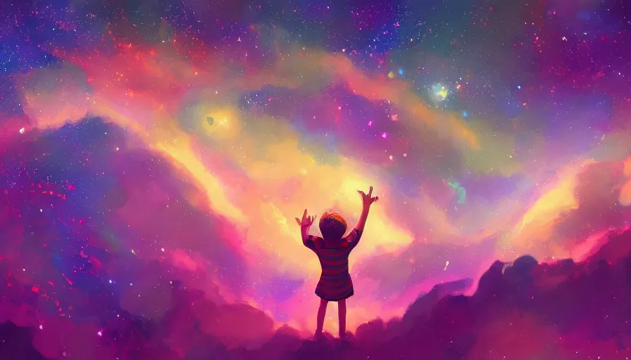 Image similar to Digital painting of a child pointing to the colorful stars in the sky, hyperdetailed, artstation, cgsociety, 8k