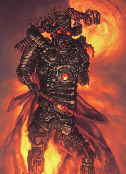 Prompt: portrait of a diabolical cyborg clown samurai fires a flamethrougher, wearing burning torn cape, dynamic pose, glowing eyes, ancient ruins, glowing veins subsurface scattering, in clouds, sunset, portrait, by gerald brom, by mikhail vrubel, by peter elson, muted colors, extreme detail, reflections, trending on artstation, 8 k