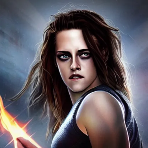 Prompt: kristen stewart as a ms marvel portrait closeup photography, realistic, dramatic lighting, fire