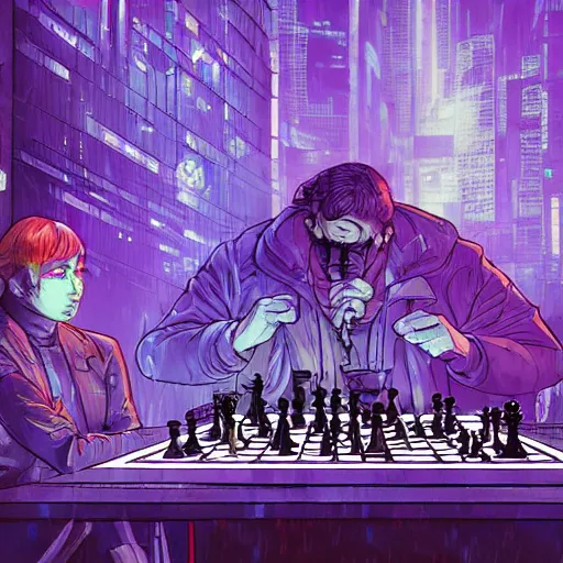 Image similar to high detailed people playing chess in a cyberpunk rainy city at night by josan gonzalez, hand drawn, illustration, purple and blue neons, unreal engine, high quality, 4 k, uhd, trending on artstation, wires, blade runner vibes, ghost in the shell, akira, dorohedoro