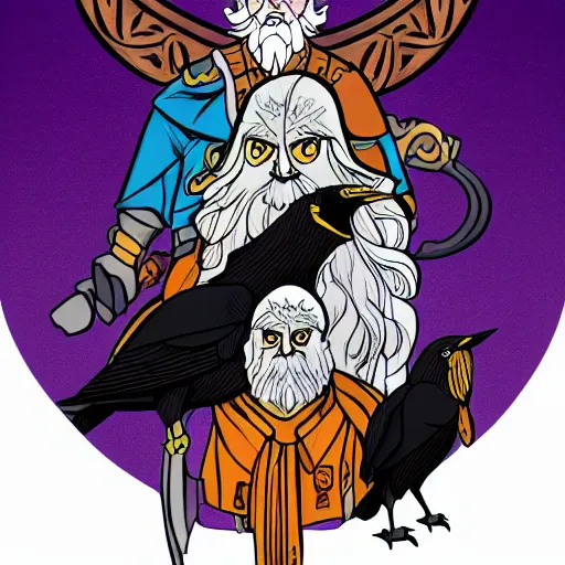 Image similar to odin with his two ravens, logo, cartoon drawing, 8 k, flat colors, trending on artstation