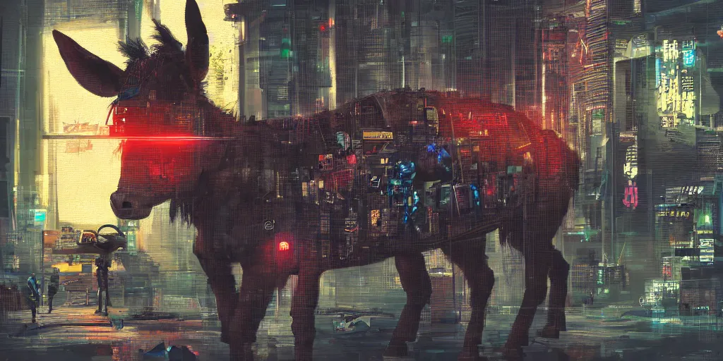 Image similar to cyberpunk donkey, artstudio