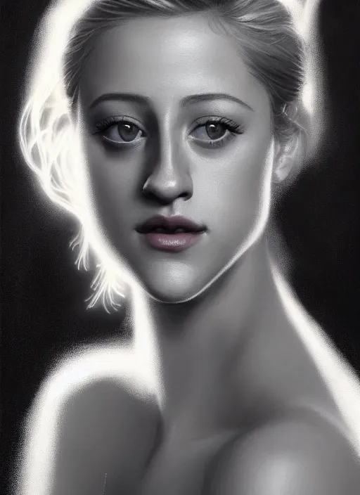 Image similar to portrait of lili reinhart with fluffy bangs, bangs, 1 9 6 0 s, ponytail, curly bangs and ponytail, rounder face, intricate, elegant, glowing lights, highly detailed, digital painting, artstation, concept art, smooth, sharp focus, illustration, art by wlop, mars ravelo and greg rutkowski