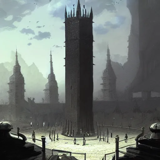 Image similar to “The plaza around the base of the tower was very large and spacious. The tower was made of solid black metal and stone. The plaza was patrolled by large mechanized guards. Anime background artwork by Marc Simonetti, artwork by Ted Nasmith, Ted Nasmith and Marc Simonetti, 8K, D&D concept art, D&D wallpaper”