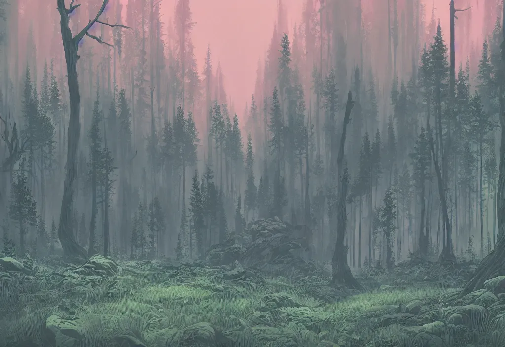 Image similar to handmade illustration of a forest landscape, line art, ink, watercolor by Kilian Eng and by Jake Parker, atmospheric!! and vaporwave composition, winning-award masterpiece, fantastic, octane render, 8K HD Resolution, High quality image