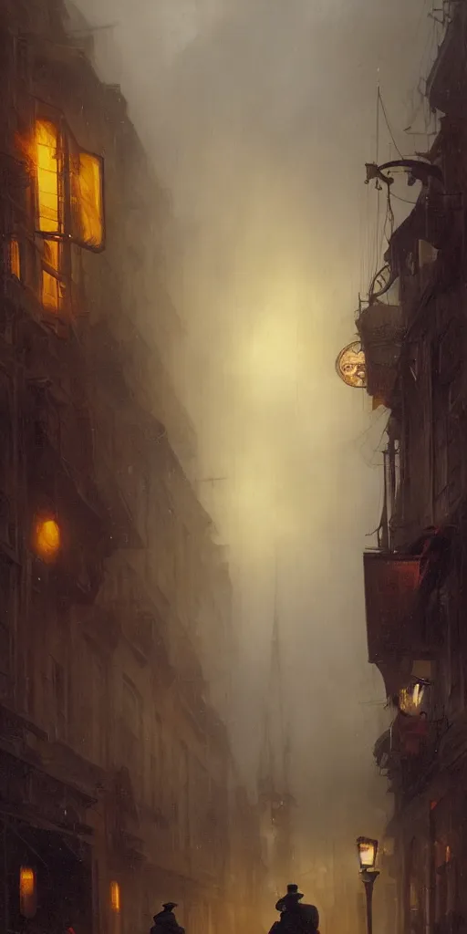 Image similar to a street of a city in 1 9 4 0 with yellow light on from the windows during the night, a men stand up under a light, mystical red fog, oil on canvas, art by andreas achenbach, clemens ascher, tom bagshaw and sabbas apterus,