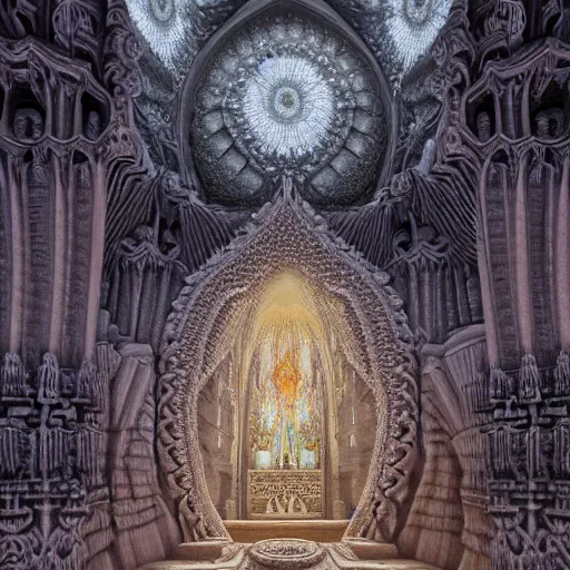 Image similar to a hyperrealistic 3 d painting of a huge sprawling fractal cathedral interior populated by mandelbrot fractals by android jones, unreal engine, carved stone, carved soap, white color scheme, volumetric lighting, octane render, dramatic lighting, glowing, carved marble, opalescent, sacred geometry, religious, angelic, catholicpunk, stark, 8 k, ultra detailed