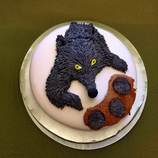 Prompt: a wolf eating a moon shaped cake