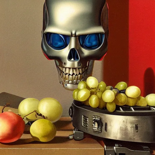 Prompt: A still life of a robot, terminator, William Michael Harnett, (gears), (bolts), fruit bowl, grapes, ((skull)), (snow), shed