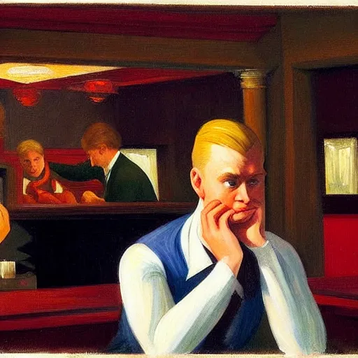 Prompt: a detailed painting, blonde man at a bar alone, edward hopper,