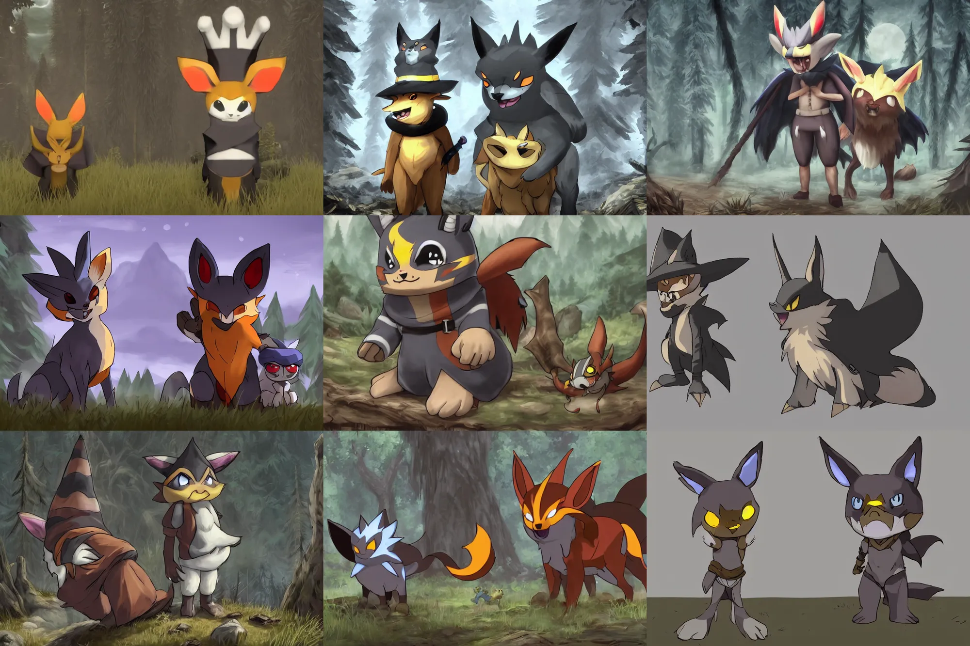 Prompt: trailcam footage grayscale low saturation video game elden clay growlithe : murkrows reprisal star valley resident evil unreal engine mismagius mystery skyrim dungeon ultrahd resident eevee wearing bandanna standing in front of giratina, maidenless wearing witch hat pokemon nextgen