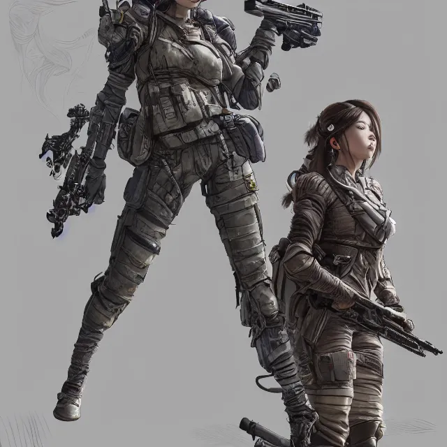 Image similar to the portrait of lawful neutral female futuristic infantry sniper as absurdly beautiful, gorgeous, elegant, young woman looking up, an ultrafine hyperdetailed illustration by kim jung gi, irakli nadar, intricate linework, bright colors, octopath traveler, final fantasy, unreal engine 5 highly rendered, global illumination, radiant light, detailed and intricate environment