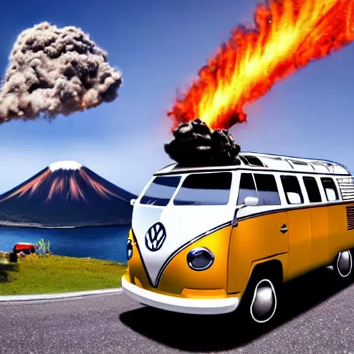 Prompt: a caricature drawing of a vw volkswagen bus, camper, bulli, type - 2, microbus, kombi, flying towards the camera, jumping at the viewer, dynamic action shot, fish - eye lense, frontal, a vulcano is erupting in the background