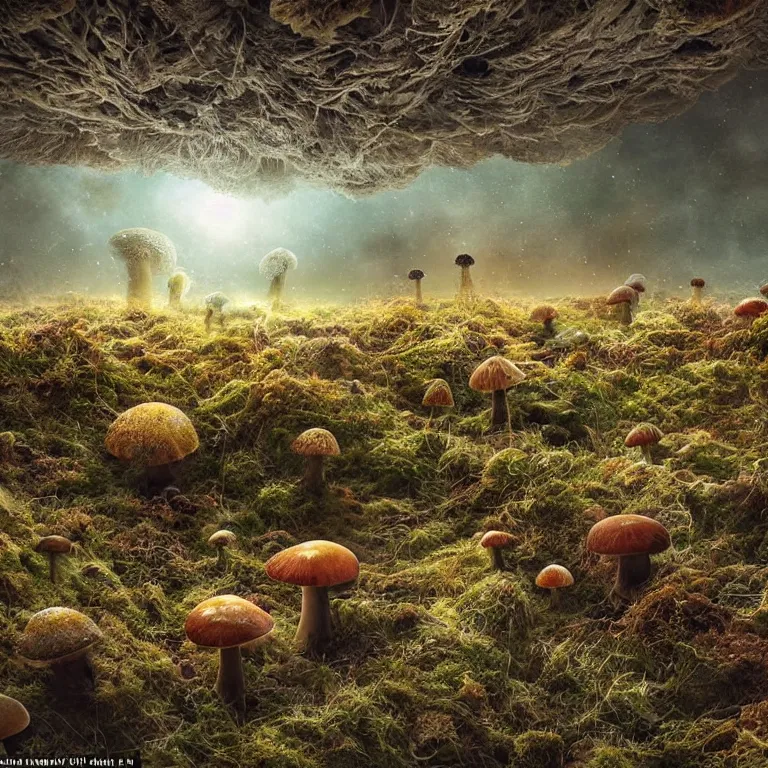 Image similar to a planet of various fungus, mushrooms and plants, inside the picture is infinity, Atmospheric phenomenon, artistic photography, muted colors, conceptual, long exposure outside the city, volumetric light