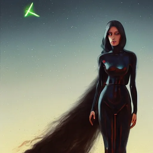 Image similar to pleiadian woman with big eyes and long silver hair wearing a dark body suit and holding a plasma gun standing in barren fields, portrait art by greg rutkowski