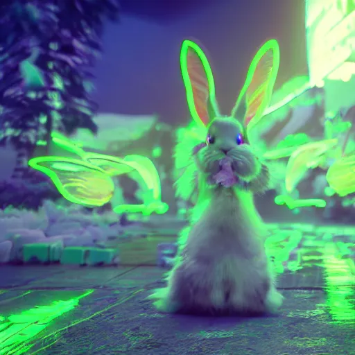 Image similar to neon fluorescent, iridescent cute bunny rabbits with fairy wings cyperpunk 2 0 7 7, unreal engine 5, 8 k ultra realistic, hyperdetailed, volumetric lighting, extremely high quality