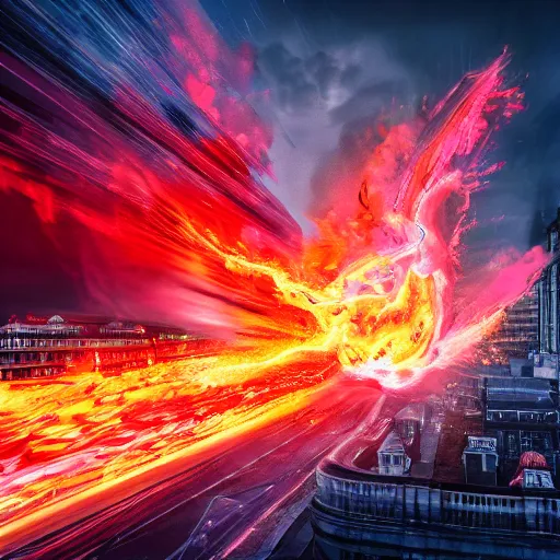 Image similar to flaming tornado ravaging through london, dslr, 8 k, octane beautifully detailed render, hot lighting, warm mood, cinematic lighting, detailed photo, masterpiece, volumetric lighting, ultra realistic, highly detailed, high quality, lossless, photorealistic