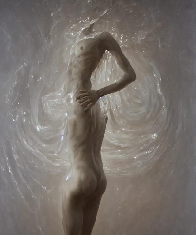 Image similar to Beautiful full-body wax sculpture of glowing transparent woman with visible bones covered with melted white candle wax inside the singularity where stars becoming baroque folds of dark matter by Michelangelo da Caravaggio, Nicola Samori, William Blake, Alex Grey and Beksinski, dramatic volumetric lighting, highly detailed oil painting, 8k, masterpiece