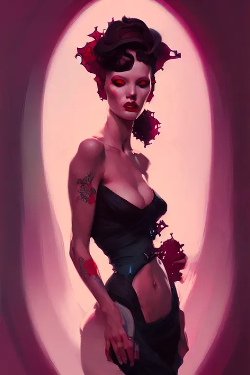 Image similar to portrait noir femme fatale by sabbas apterus and james jean, saturated colors, concept art, beautiful composition, digital painting, trending on artstation, mucha