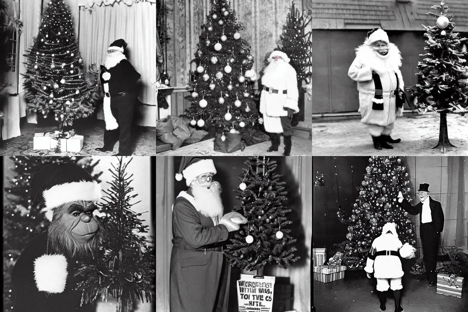 Prompt: a picture of The grinch dressed as santa claus near a christmas tree in the 1920s