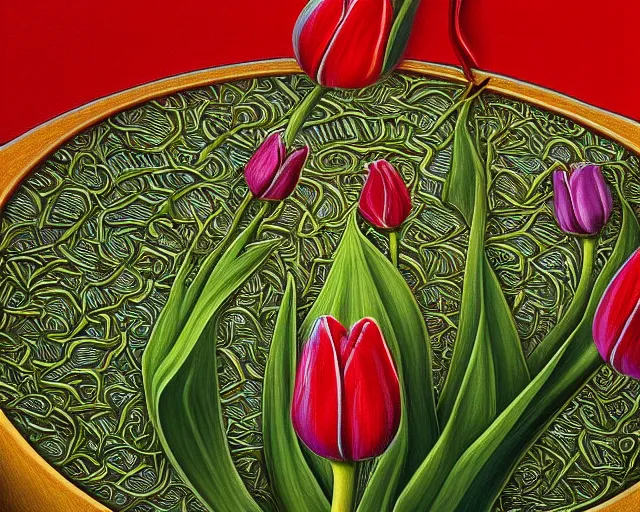 Image similar to rule of thirds intricate detail inside the tulip on a table, an ultrafine detailed painting by rafal olbinski, behance contest winner, pop surrealism, detailed painting, very detailed, minimalist, skeuomorphic, airbrush art