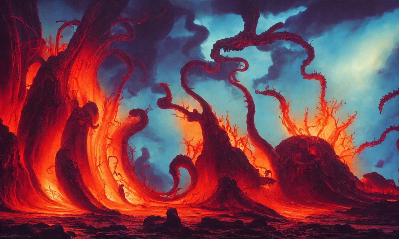 Image similar to painting by wayne barlowe. the swirling portal in the ocean erupts violently with fire and brimstone with hellacious abominations flying out of the portal in droves. photorealistic. intricate details. 3 5 mm photograph. dramatic lighting. action shot. absolute focus. masterpiece.