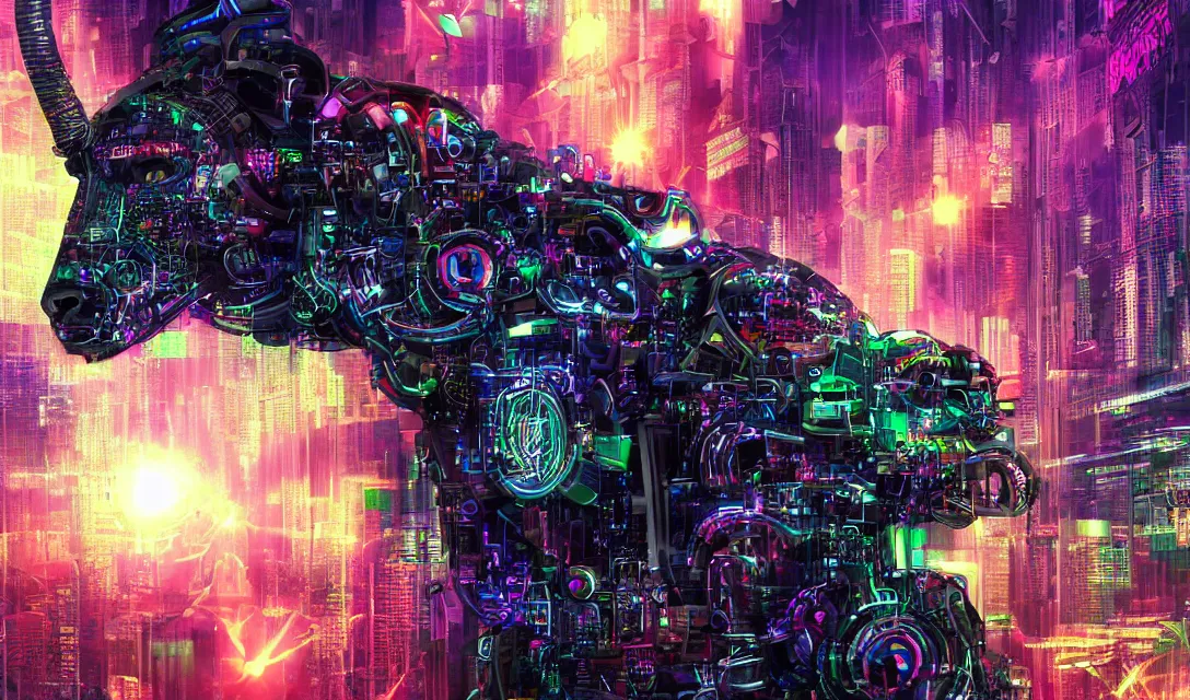 Image similar to complex cyberpunk machine background merged with evil cybernetic goat head in center focus, multicolored digital art