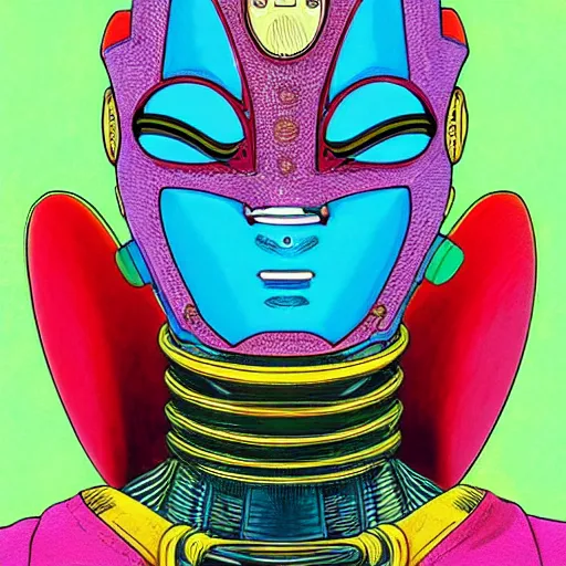 Image similar to beautiful portrait of the colorful masked humanoid android, vivid colors, intricate, highly detailed, masterful, in the style of moebius, akira toriyama, jean giraud