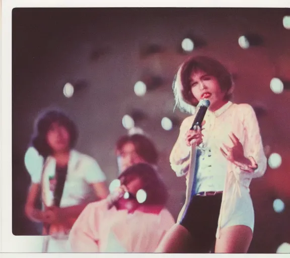 Image similar to polaroid photo of singer singing in an japan 1 9 8 0 pop big concert, photo by louise dahl - wolfe, color photo, colored