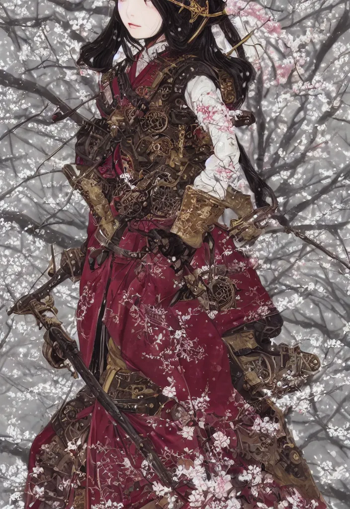 Prompt: detailed portrait of steampunk girl samurai with swords and steampunk rifles, in snow forest sakura cherry blossom, hakama kimono, trending on artstation elite, elegant, luxury, by krenz cushart, junji ito, takato yamamoto, perfect face, fine details, realistic shaded, fine - face, pretty face