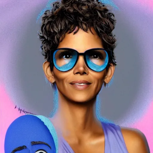 Image similar to an anthropomorphic blueberry with the face of halle berry