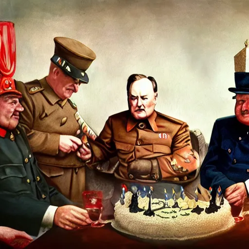 Image similar to Stalin, Churchill and Franklin Roosevelt having a wild birthday party, colorized, fantasy painting,hyperrealistic, highly detailed, depth of field, High definition, 8k, octane render, artstation