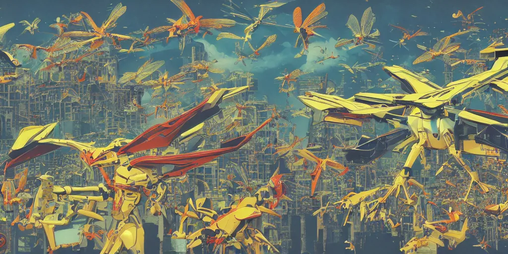 Prompt: risograph, gigantic mecha arzach birds with dragonflies, tiny rats, a lot of exotic animals around, big human faces everywhere, helicopters and tremendous birds, by satoshi kon and moebius, matte yellow colors, surreal design, crispy, super - detailed, a lot of tiny details, no blur, 4 k, fullshot