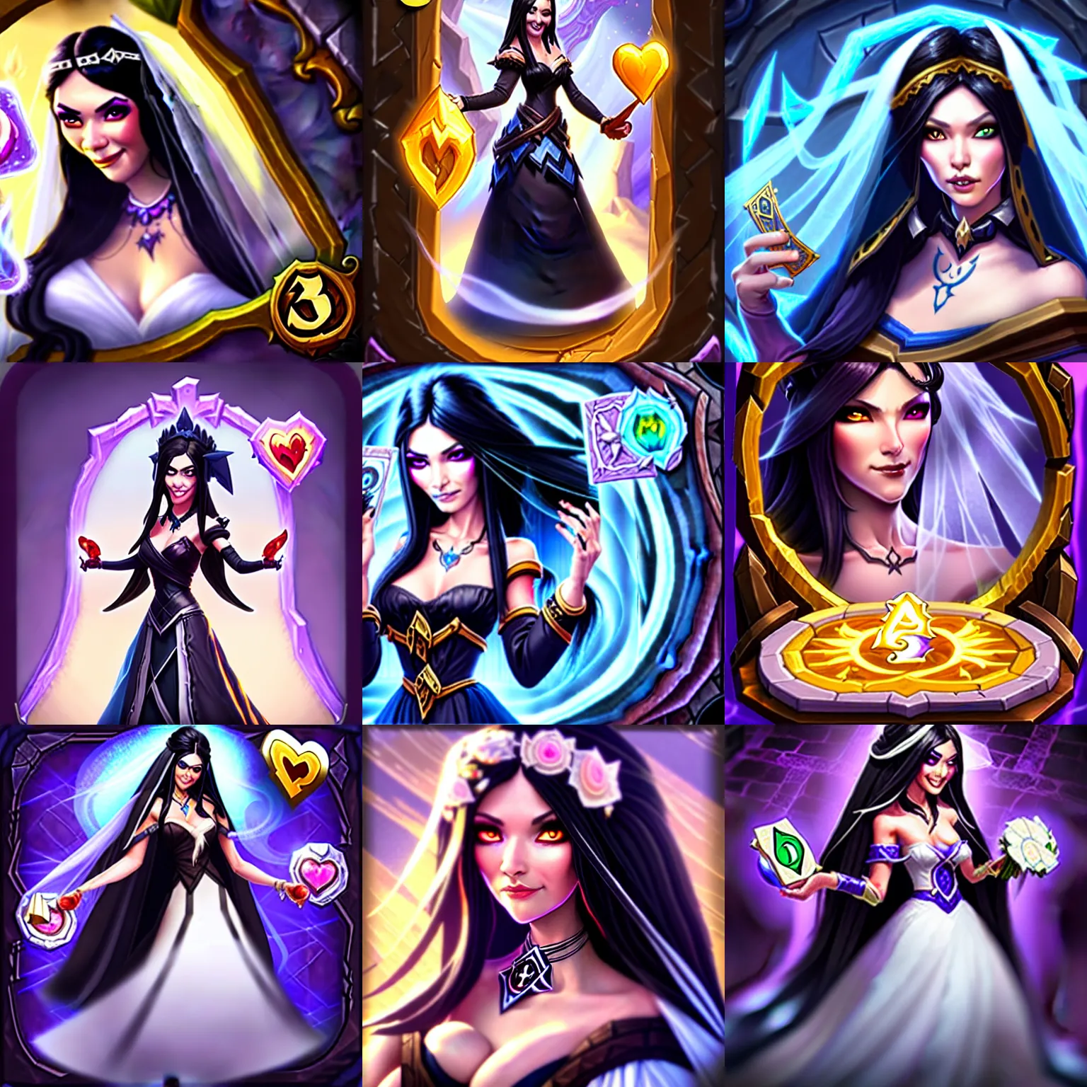 Prompt: a beautiful woman with long black hair, wearing a wedding dress, Hearthstone official splash art