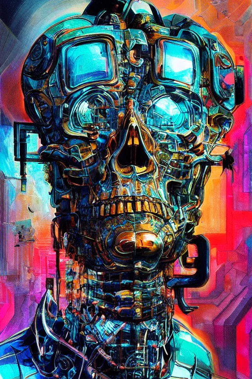 Prompt: wideangle, a portrait of a shattered cybernetic metal skull, lost in tensor fields, madness, decoherence, synthwave, glitch!!, fracture, realistic, hyperdetailed, concept art, golden hour, art by syd mead, cubism