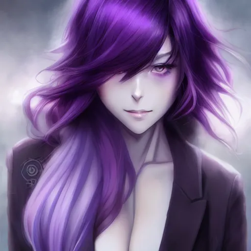 Image similar to beautiful anime woman with purple hair, a ( ( ( ( ( ( ( ( single horn on forehead ) ) ) ) ) ) ) ) ( ( ( purple eyes ) ) ), a purple tuxedo, sharp focus, intricate, cell shaded, award winning photography, cinematic, digital painting, cinematic, wlop, 8 k, by ross tran, tom bagshaw