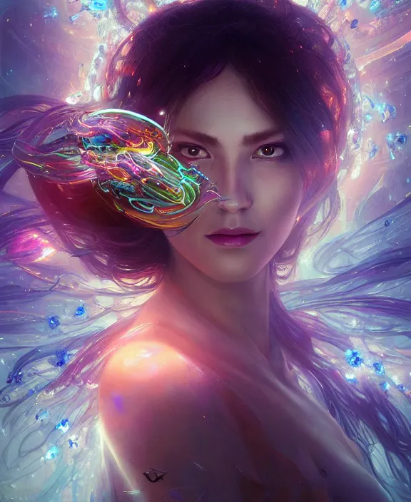 Image similar to a whirlwind of souls rushing inside the metaverse, half body, glowin eyes, tiara with sapphire, insect, android, cyberpunk, d & d, fantasy, intricate, elegant, highly detailed, colorful, vivid color, digital painting, artstation, concept art, art by artgerm and greg rutkowski and alphonse mucha and ruan jia