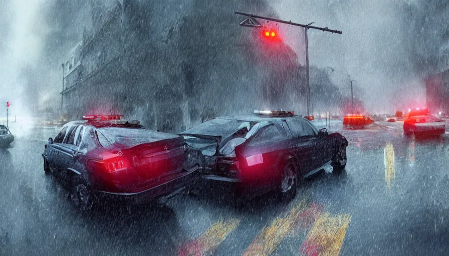 Prompt: cop car with sirens crossing washington dc during storm with tornado destroying the city, debris, hyperdetailed, artstation, cgsociety, 8 k