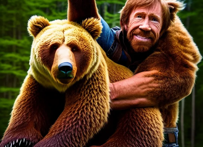 Image similar to portrait photo of chuck norris riding his fluffy grizzly bear, in the forest. fantasy magic style. highly detailed 8 k. intricate. lifelike. soft light. sony a 7 r iv 5 5 mm. award winning photography.