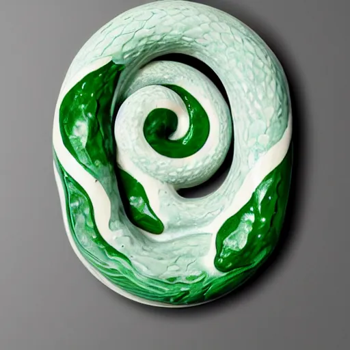 Prompt: a ceramic sculpture of some kind of plant in a glazed surreal abstract serpent frame with a white wall behind it and swirling green plants in the center by cleo sjolander