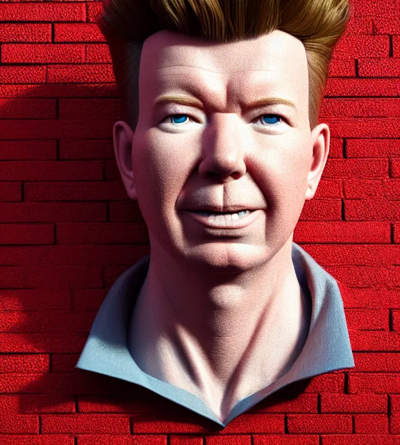 Prompt: render of a red brick with rick astley drawn on it, perfect face, cinematic, highly detailed, digital painting, artstation, smooth, hard focus, illustration, art by jessica rossier and and brian froud, unreal engine, octane render, raytracing, 4 k, 8 k