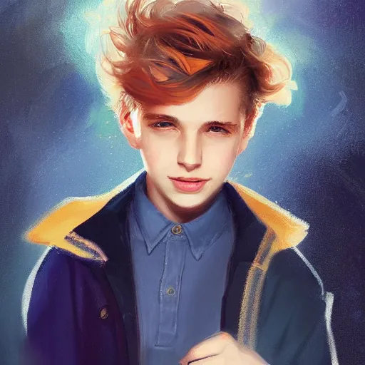 Image similar to colorful and festive captivating young boy with wavy blonde hair, navy blue jacket and blue shorts, with big brown boots. rich vivid colors, ambient lighting, dynamic lighting, 4 k, atmospheric lighting, painted, intricate, highly detailed by charlie bowater