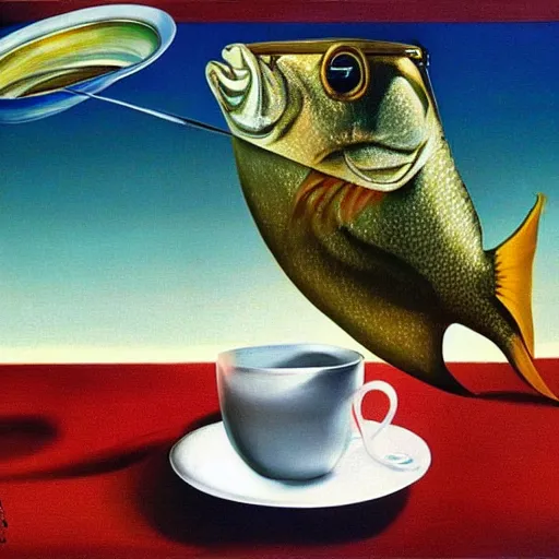 Image similar to a real fish is drinking from a cup of tea, photorealism, by salvador dali