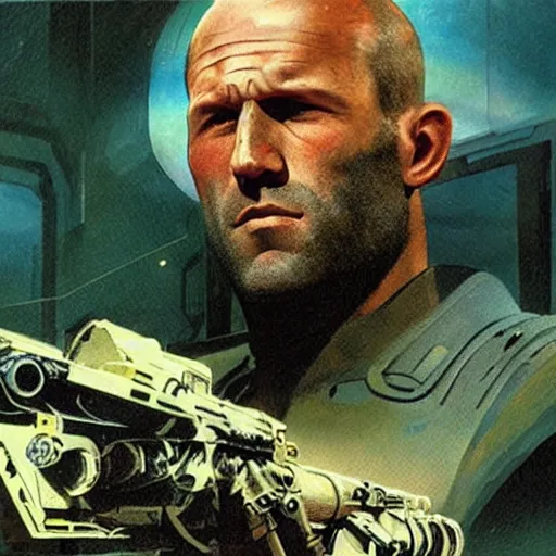 Image similar to jason statham as sci - fi bounty hunter, chris foss, john harris, beeple, wayne barlowe