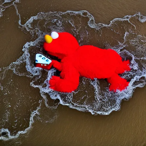 Image similar to cnn news footage of elmo being washed up on shore, view from above, tv