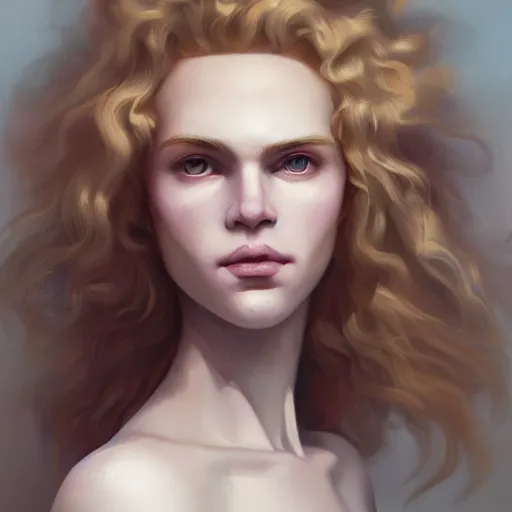 Prompt: a portrait of a beautiful androgynous blond man, germanic pale white skin and long fluffy curly blond hair, sharp lavender eyes, Center parted curtain bangs, close up view, head and upper body, looking upward, fullface, light from above, by Peter Mohrbacher, trending on artstation, 8k