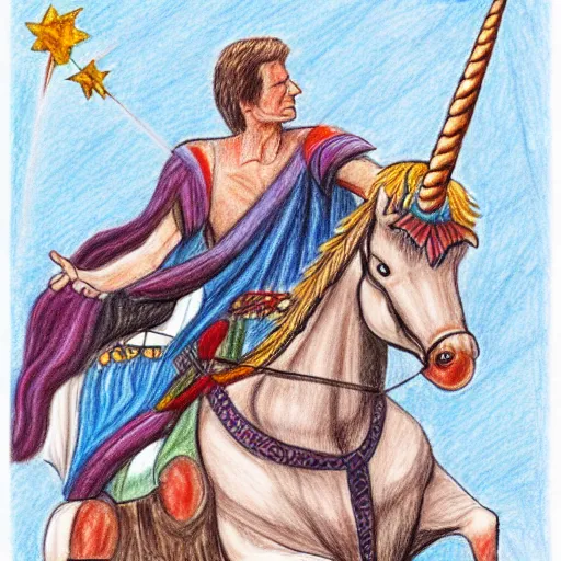 Prompt: A drawing of Julius Caesar riding a unicorn, colored pencil art,