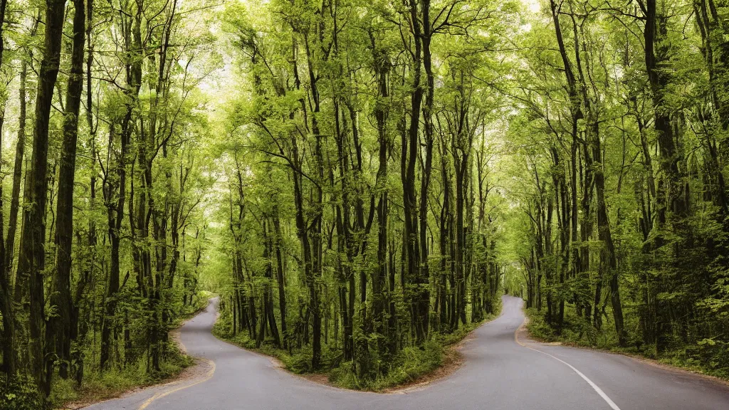 Prompt: photograph of a street on a hill that goes through a forest